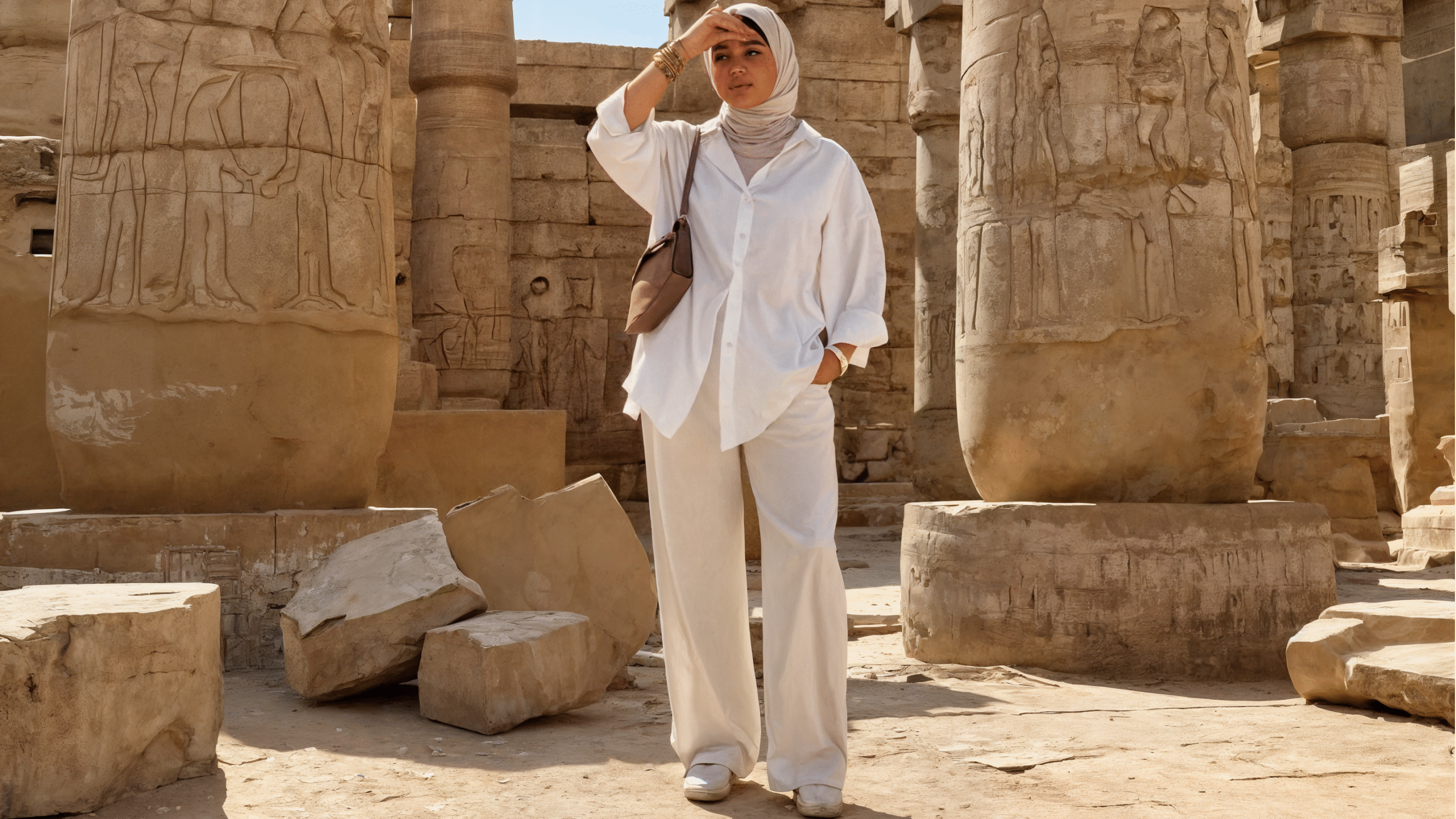 امرأة محجبة بإطلالة بيضاء أنيقة في موقع أثري تاريخي - Hijabi woman in a chic all-white outfit at a historic archaeological site