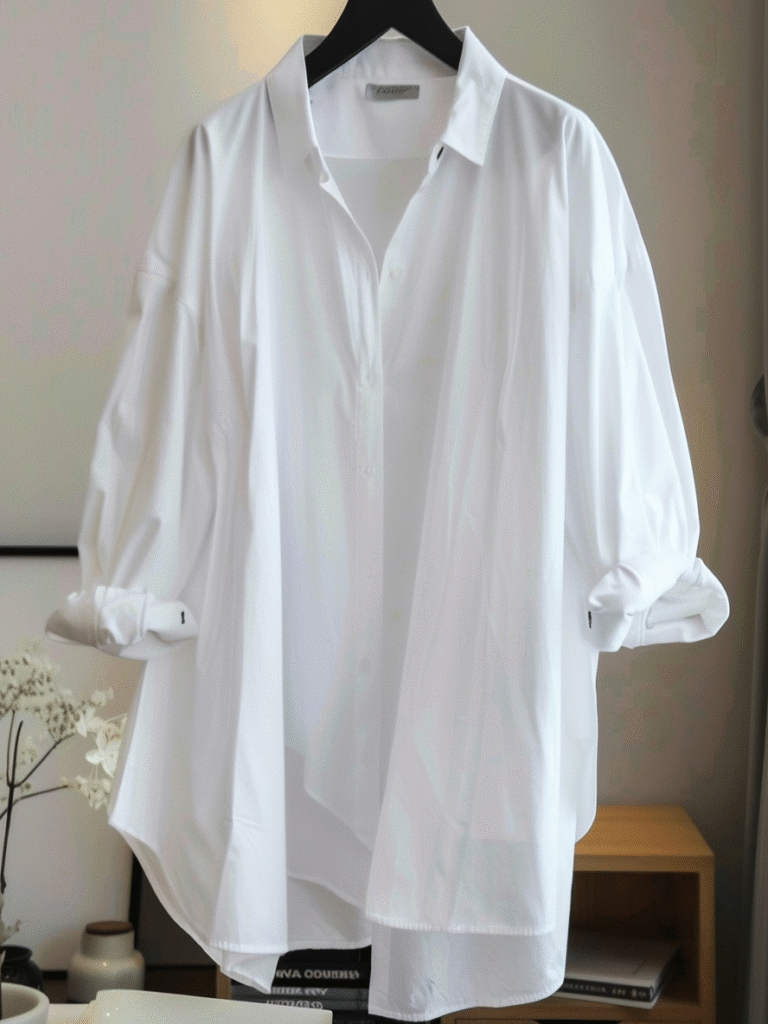 قميص أبيض واسع بأكمام طويلة وتصميم مريح لإطلالة أنيقة للرحلات - Loose white shirt with long sleeves and relaxed fit
